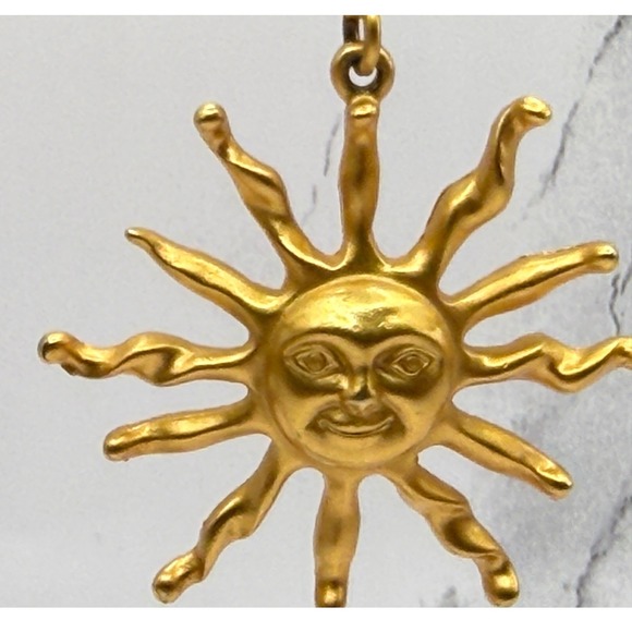 Matte Gold Sun Face Dangle Earrings 2" Drop Celestial Signed "C" - Picture 3 of 8
